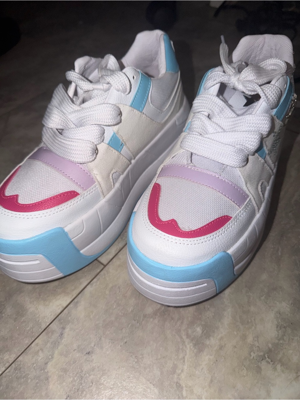White Platform Sneakers with Pastel Blue, Lavender & Pink Accents